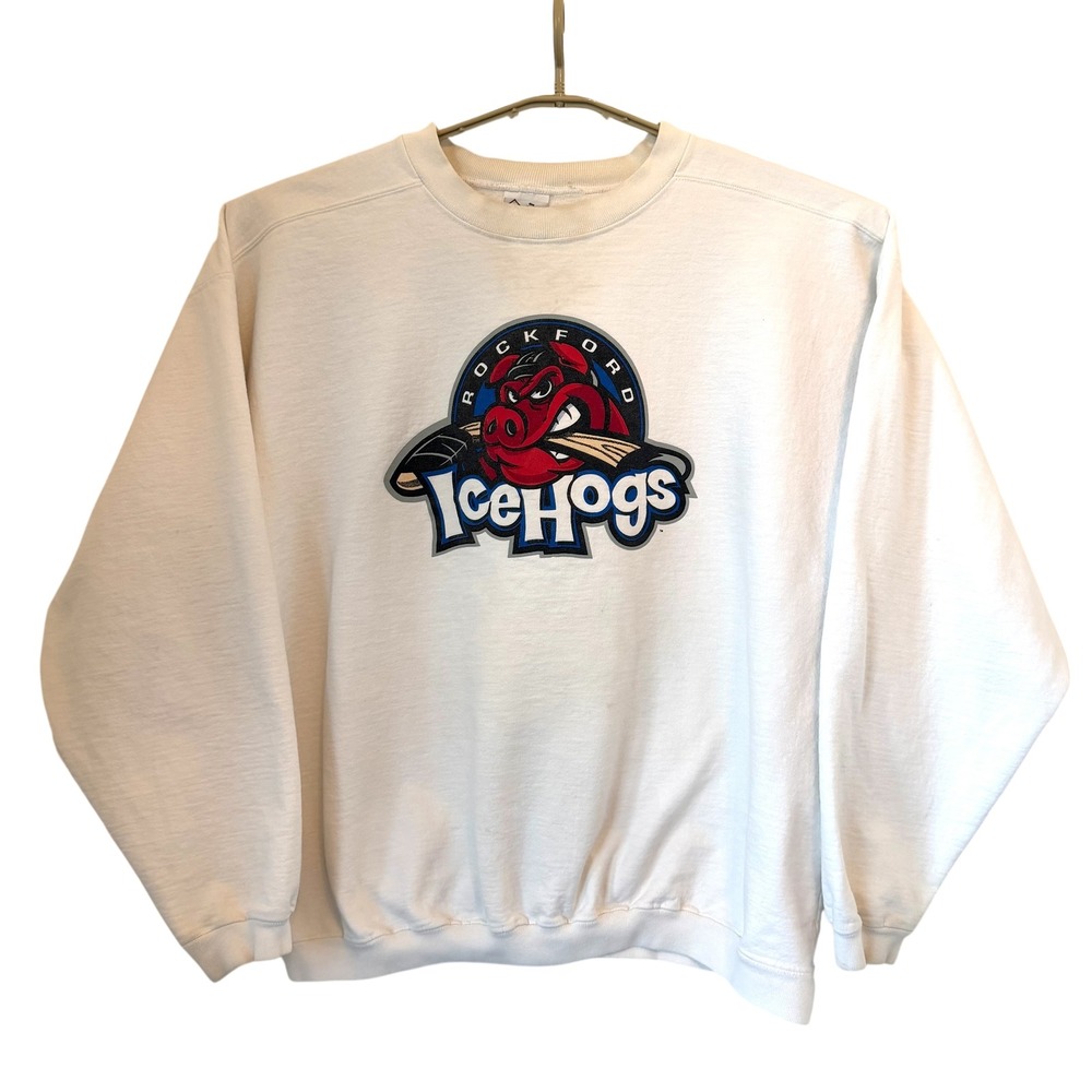VTG Rockford IceHogs Sweatshirt‎ Hockey AHL Cotton Exchange White USA XXL READ